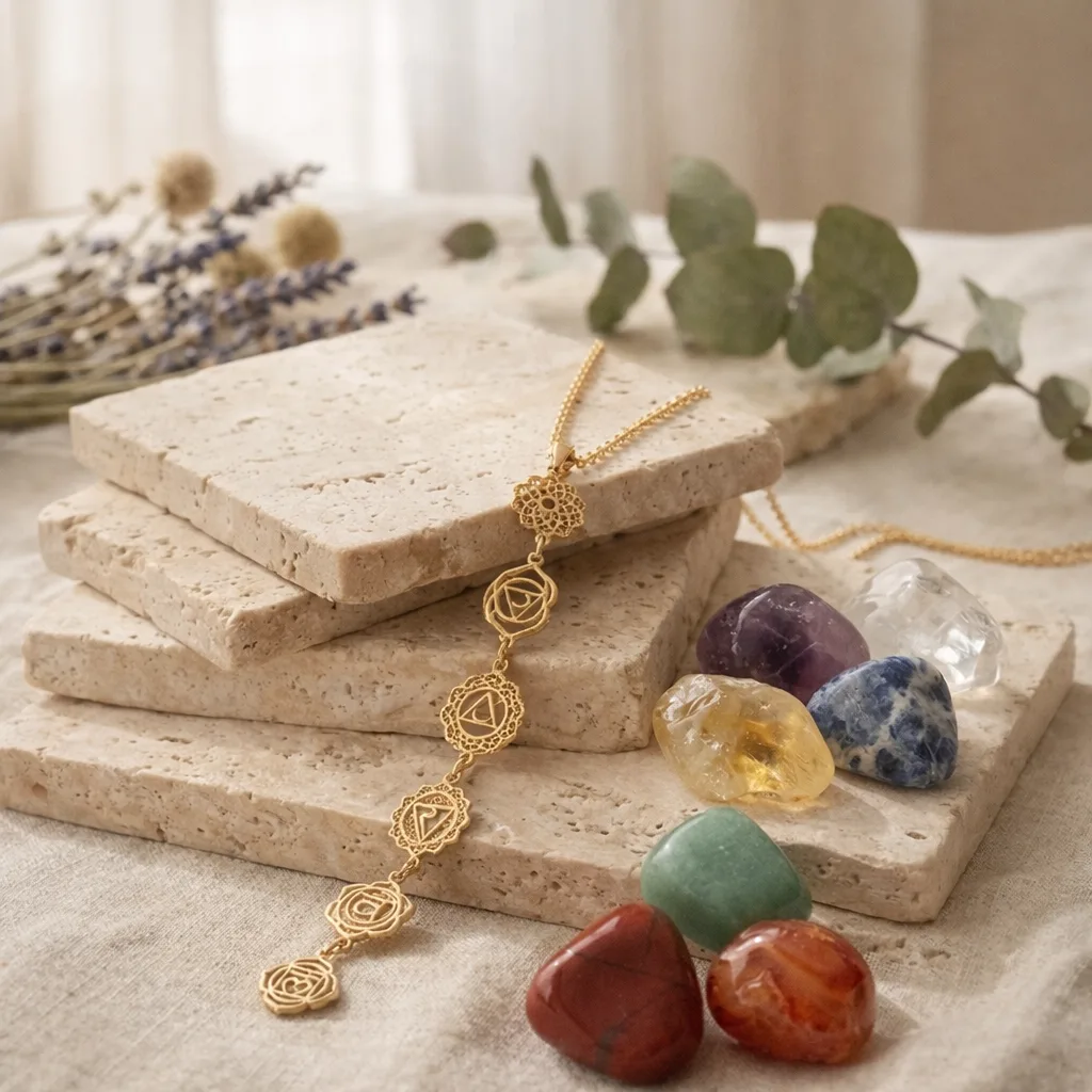 7 Chakra Gold Plated Pendant with Evil Eye - Image 3