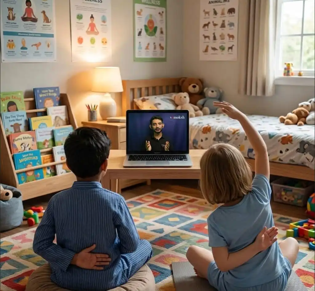Yoga instructor guiding a young girl in an online class